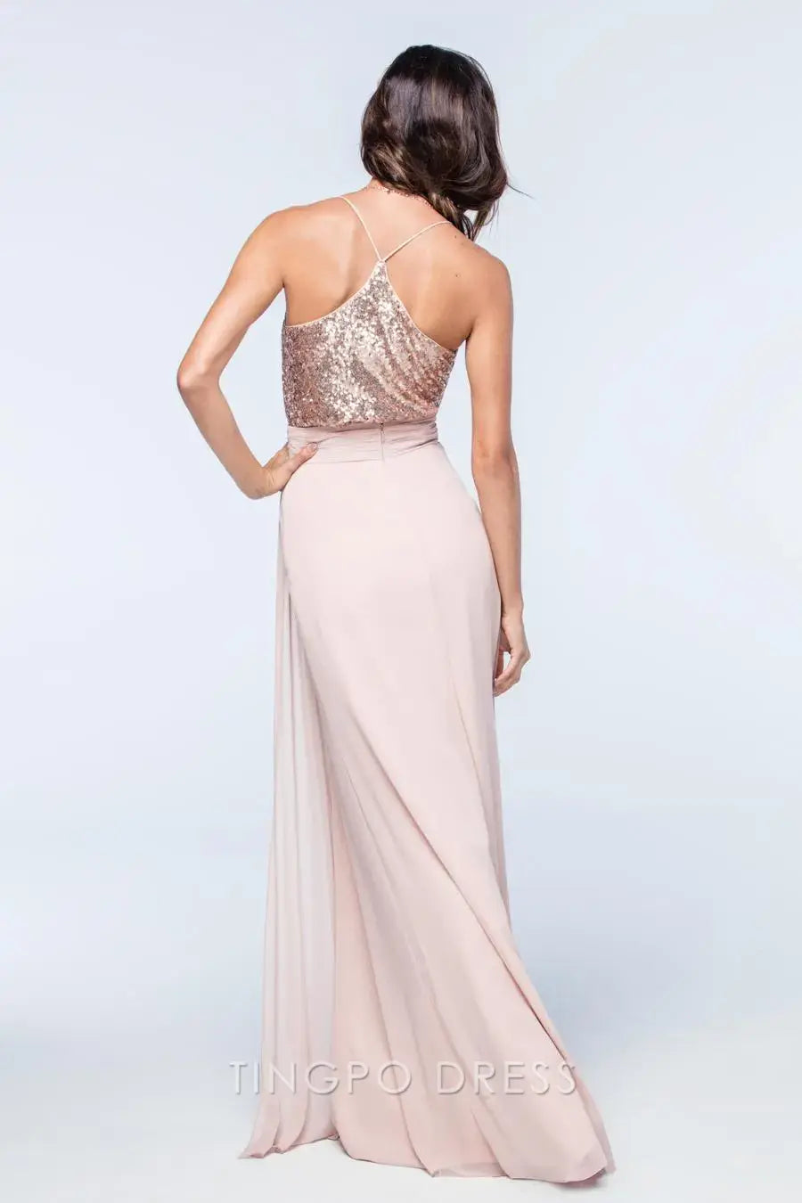 TingPo Wholesale Elegant Blush Pink Sequin Dress - Spaghetti Strap Two - Tone Maxi Evening Gown